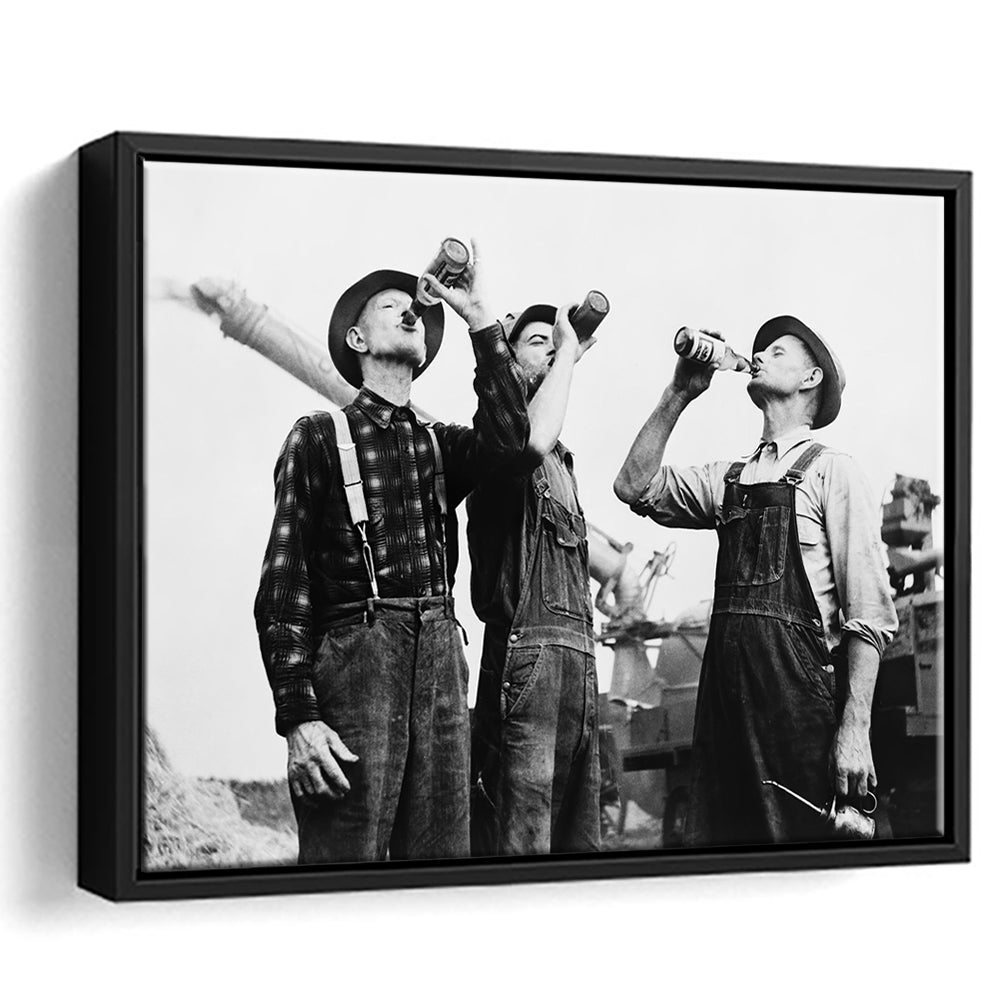 Men Drinking Beer Black and White Art Vintage Bar Prints, Floating Framed Canvas Print