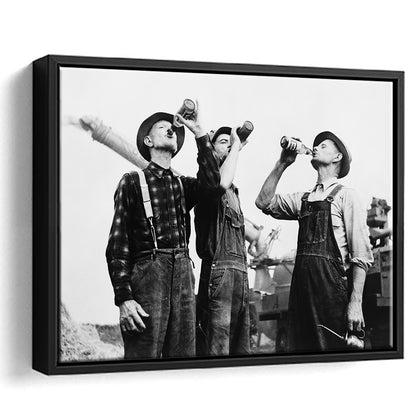 Men Drinking Beer Black and White Art Vintage Bar Prints, Floating Framed Canvas Print