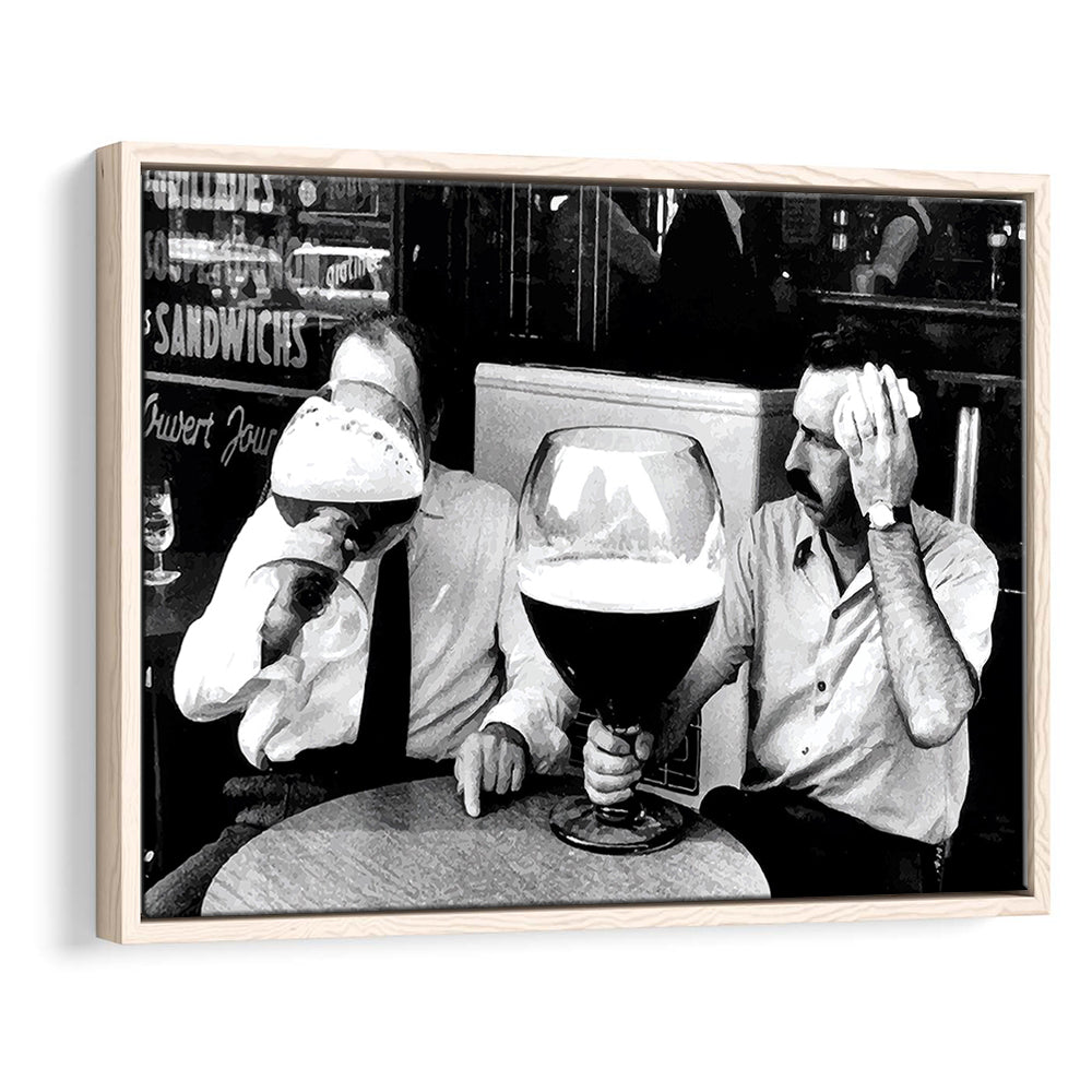 Men Drinking Giant Beer, Black and White, Cocktail Wall Art, Funny Kitchen Print, Floating Framed Canvas Print