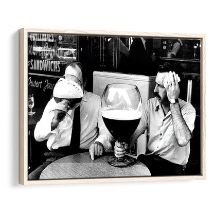Men Drinking Giant Beer, Black and White, Cocktail Wall Art, Funny Kitchen Print, Floating Framed Canvas Print
