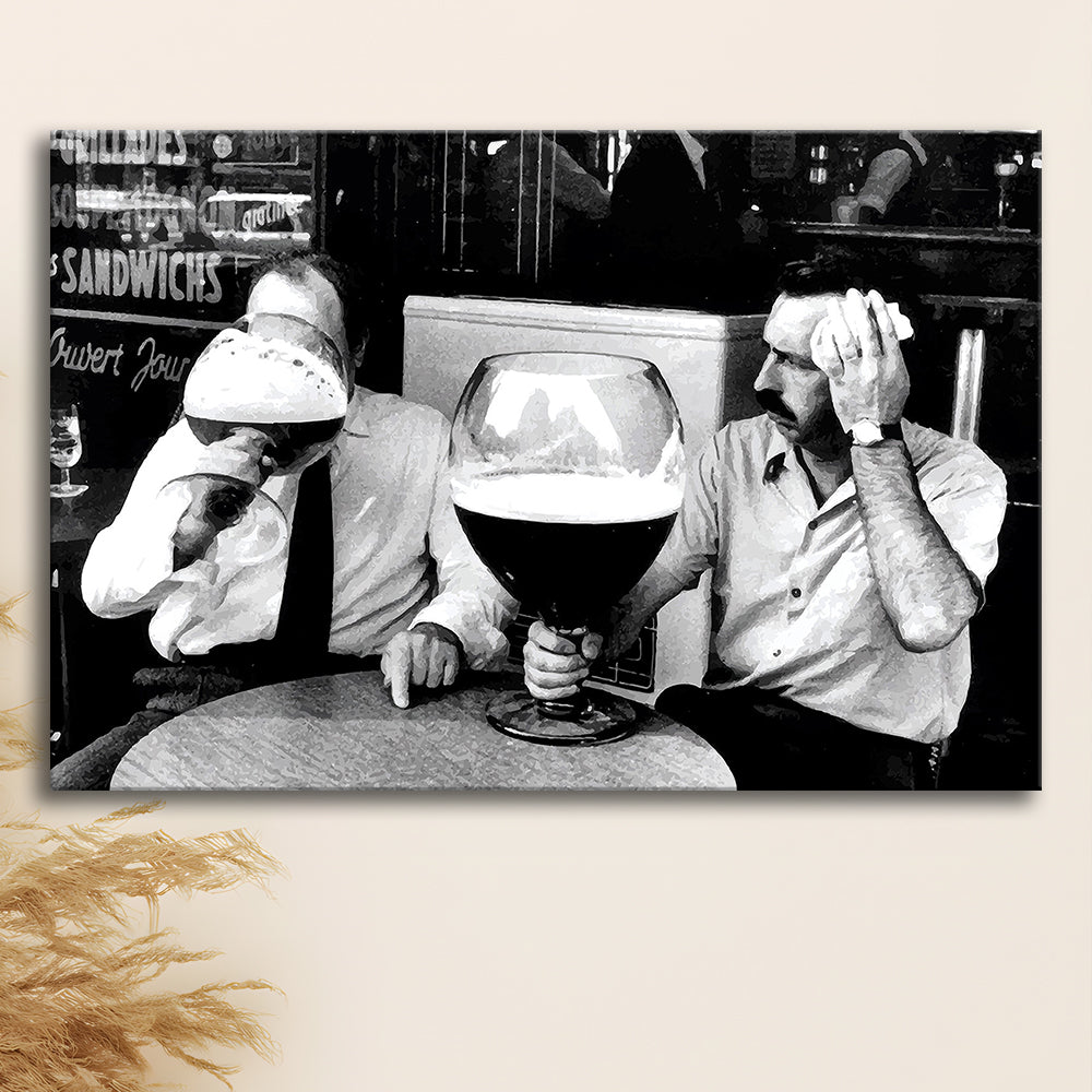 Men Drinking Giant Beer, Black and White, Cocktail Wall Art, Funny Kitchen Print, Canvas Print Wall Art Decor