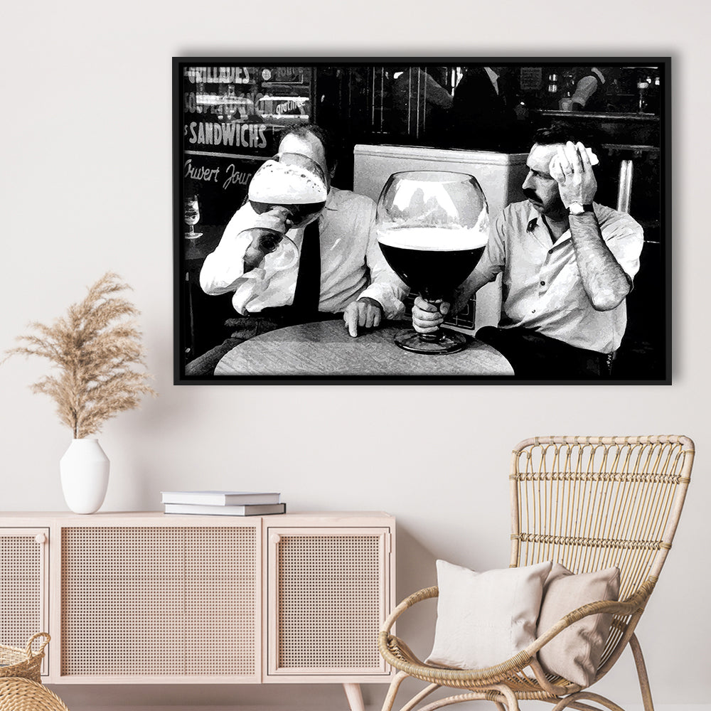 Men Drinking Giant Beer, Black and White, Cocktail Wall Art, Funny Kitchen Print, Floating Framed Canvas Print