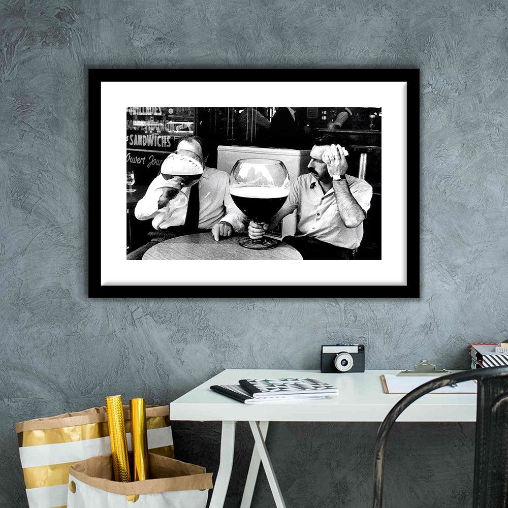 Men Drinking Giant Beer, Black and White, Cocktail Wall Art, Funny Kitchen Print, Framed Art Print White Border Wall Decor