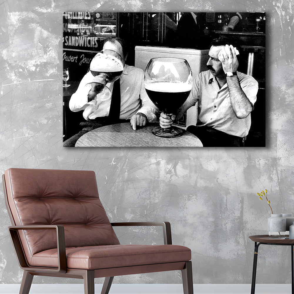 Men Drinking Giant Beer, Black and White, Cocktail Wall Art, Funny Kitchen Print, Canvas Print Wall Art Decor