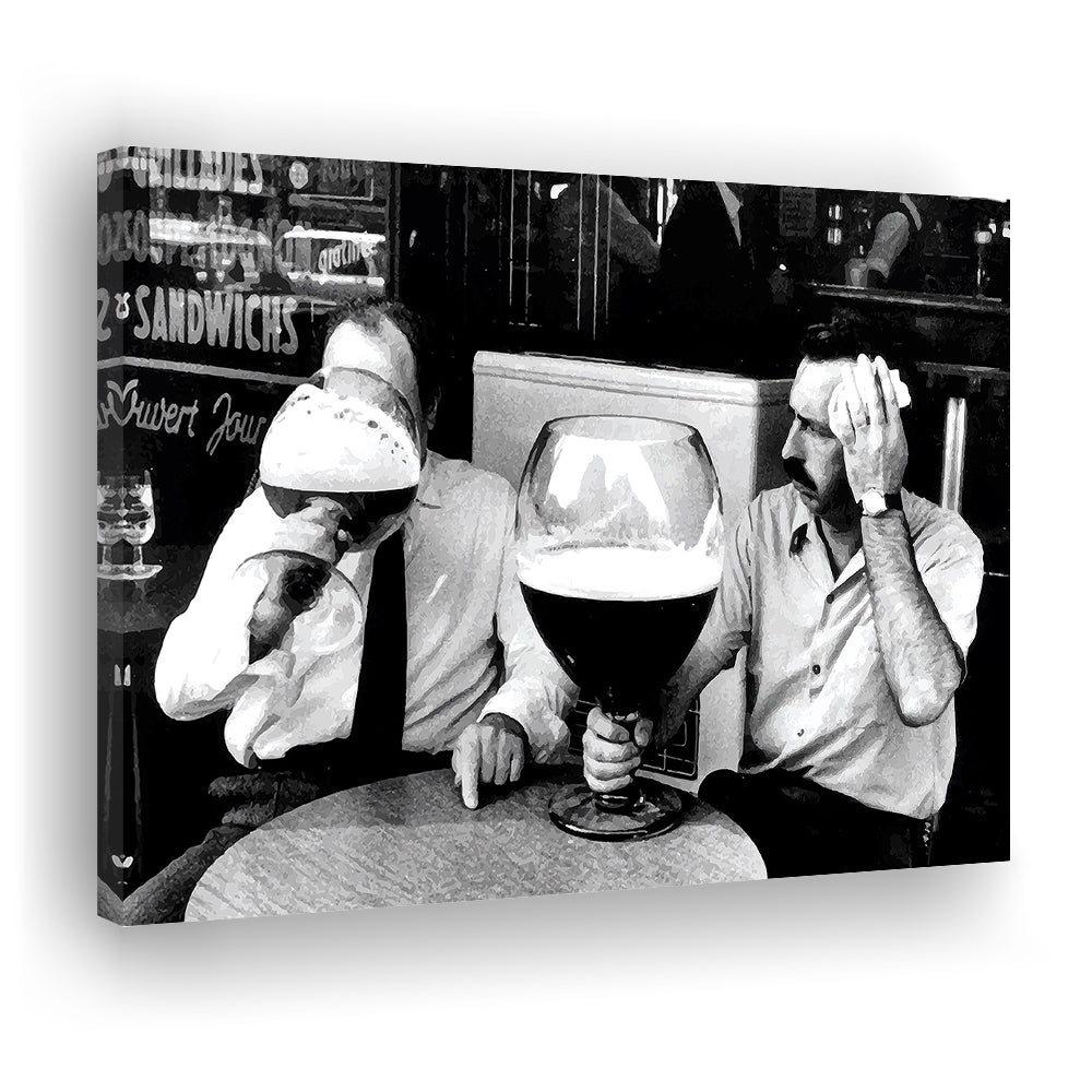 Men Drinking Giant Beer, Black and White, Cocktail Wall Art, Funny Kitchen Print, Canvas Print Wall Art Decor
