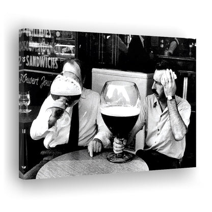 Men Drinking Giant Beer, Black and White, Cocktail Wall Art, Funny Kitchen Print, Canvas Print Wall Art Decor