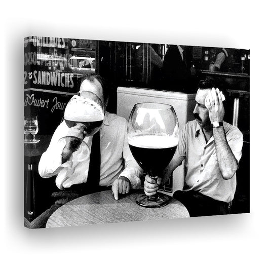 Men Drinking Giant Beer, Black and White, Cocktail Wall Art, Funny Kitchen Print, Canvas Print Wall Art Decor