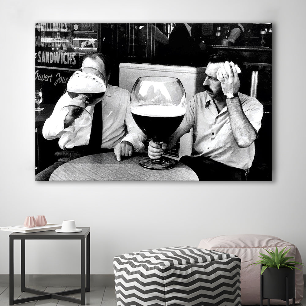 Men Drinking Giant Beer, Black and White, Cocktail Wall Art, Funny Kitchen Print, Canvas Print Wall Art Decor