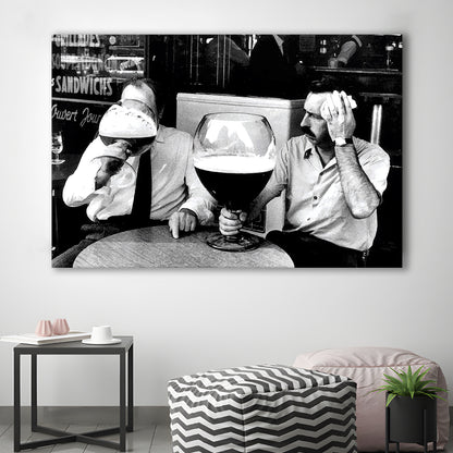 Men Drinking Giant Beer, Black and White, Cocktail Wall Art, Funny Kitchen Print, Canvas Print Wall Art Decor