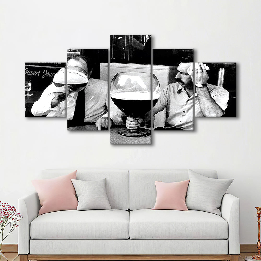 Men Drinking Giant Beer, Black and White, Cocktail Wall Art, Funny Kitchen Print, Mixed 5 Pieces Canvas Print