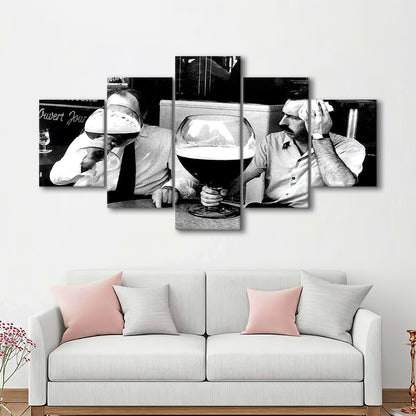 Men Drinking Giant Beer, Black and White, Cocktail Wall Art, Funny Kitchen Print, Mixed 5 Pieces Canvas Print