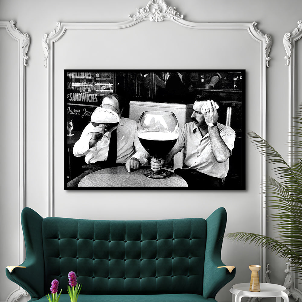Men Drinking Giant Beer, Black and White, Cocktail Wall Art, Funny Kitchen Print, Framed Art Print Wall Decor