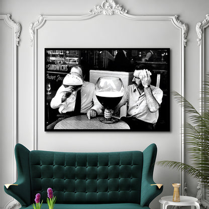 Men Drinking Giant Beer, Black and White, Cocktail Wall Art, Funny Kitchen Print, Framed Art Print Wall Decor