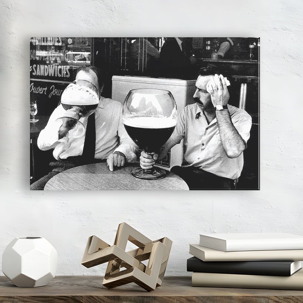 Men Drinking Giant Beer, Black and White, Cocktail Wall Art, Funny Kitchen Print, Canvas Print Wall Art Decor