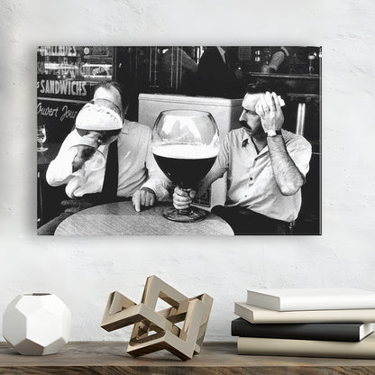 Men Drinking Giant Beer, Black and White, Cocktail Wall Art, Funny Kitchen Print, Canvas Print Wall Art Decor