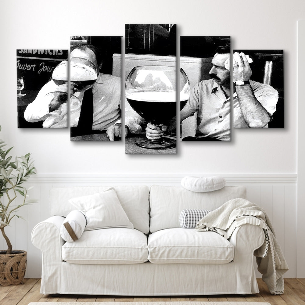 Men Drinking Giant Beer, Black and White, Cocktail Wall Art, Funny Kitchen Print, Mixed 5 Pieces Canvas Print