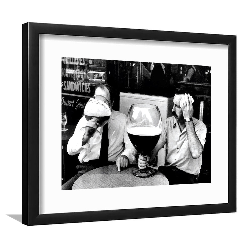 Men Drinking Giant Beer, Black and White, Cocktail Wall Art, Funny Kitchen Print, Framed Art Print White Border Wall Decor