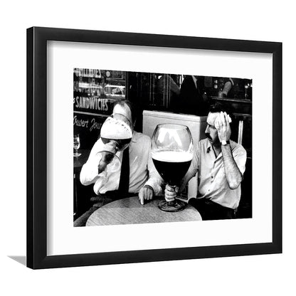 Men Drinking Giant Beer, Black and White, Cocktail Wall Art, Funny Kitchen Print, Framed Art Print White Border Wall Decor