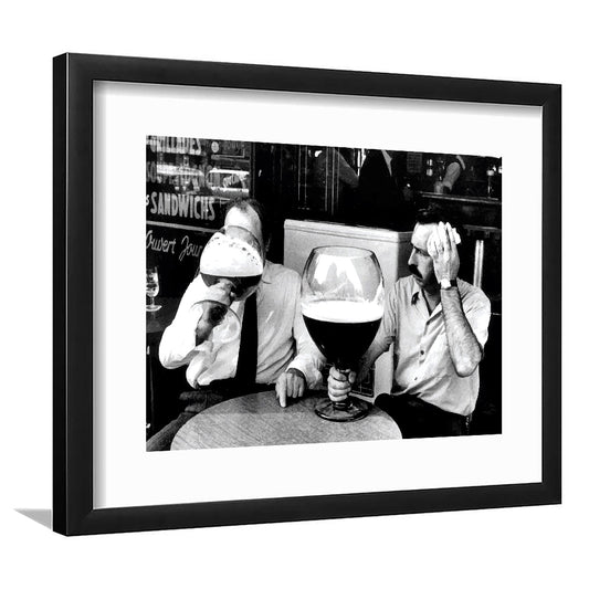 Men Drinking Giant Beer, Black and White, Cocktail Wall Art, Funny Kitchen Print, Framed Art Print White Border Wall Decor