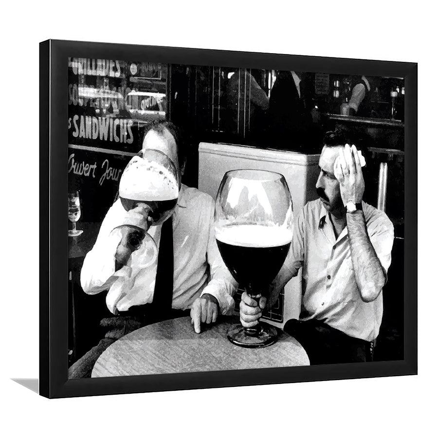 Men Drinking Giant Beer, Black and White, Cocktail Wall Art, Funny Kitchen Print, Framed Art Print Wall Decor