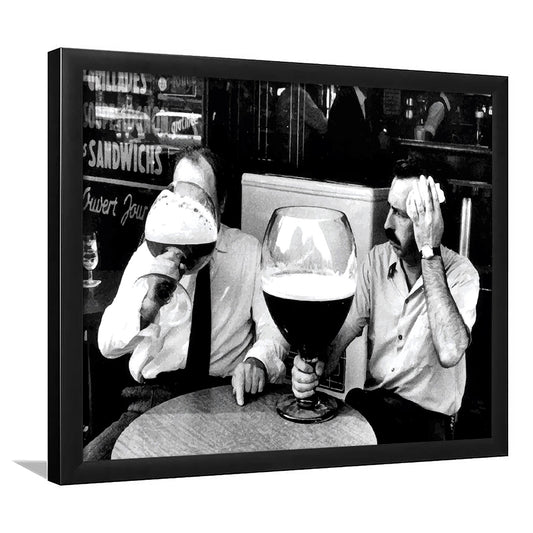 Men Drinking Giant Beer, Black and White, Cocktail Wall Art, Funny Kitchen Print, Framed Art Print Wall Decor