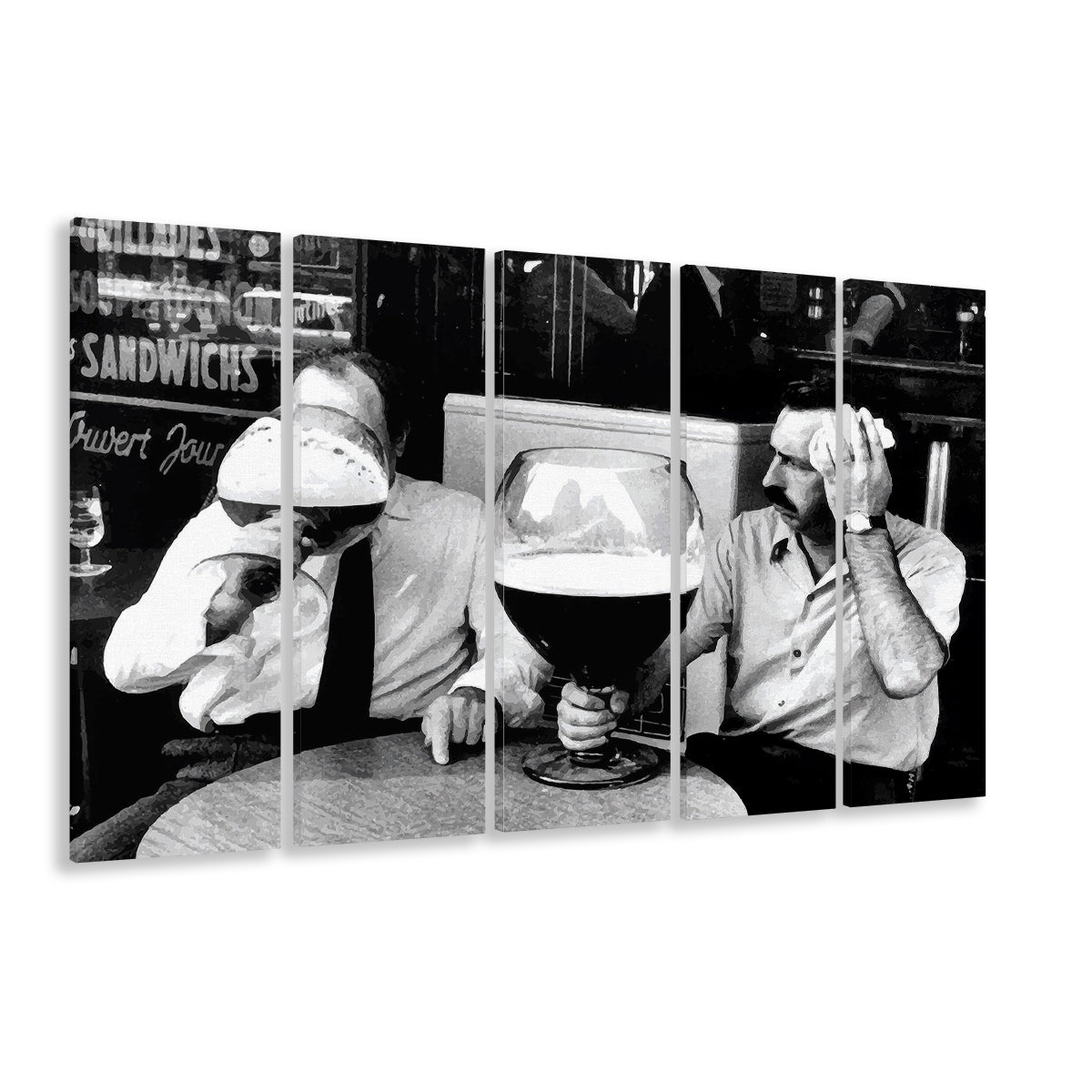 Men Drinking Giant Beer, Black and White, Cocktail Wall Art, Funny Kitchen Print, 5 Pieces Large Canvas Print