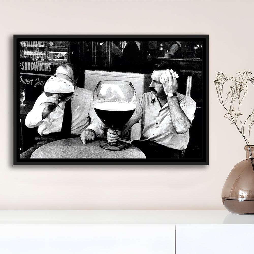 Men Drinking Giant Beer, Black and White, Cocktail Wall Art, Funny Kitchen Print, Floating Framed Canvas Print