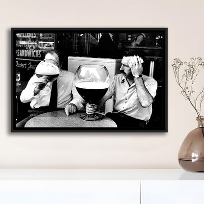 Men Drinking Giant Beer, Black and White, Cocktail Wall Art, Funny Kitchen Print, Floating Framed Canvas Print