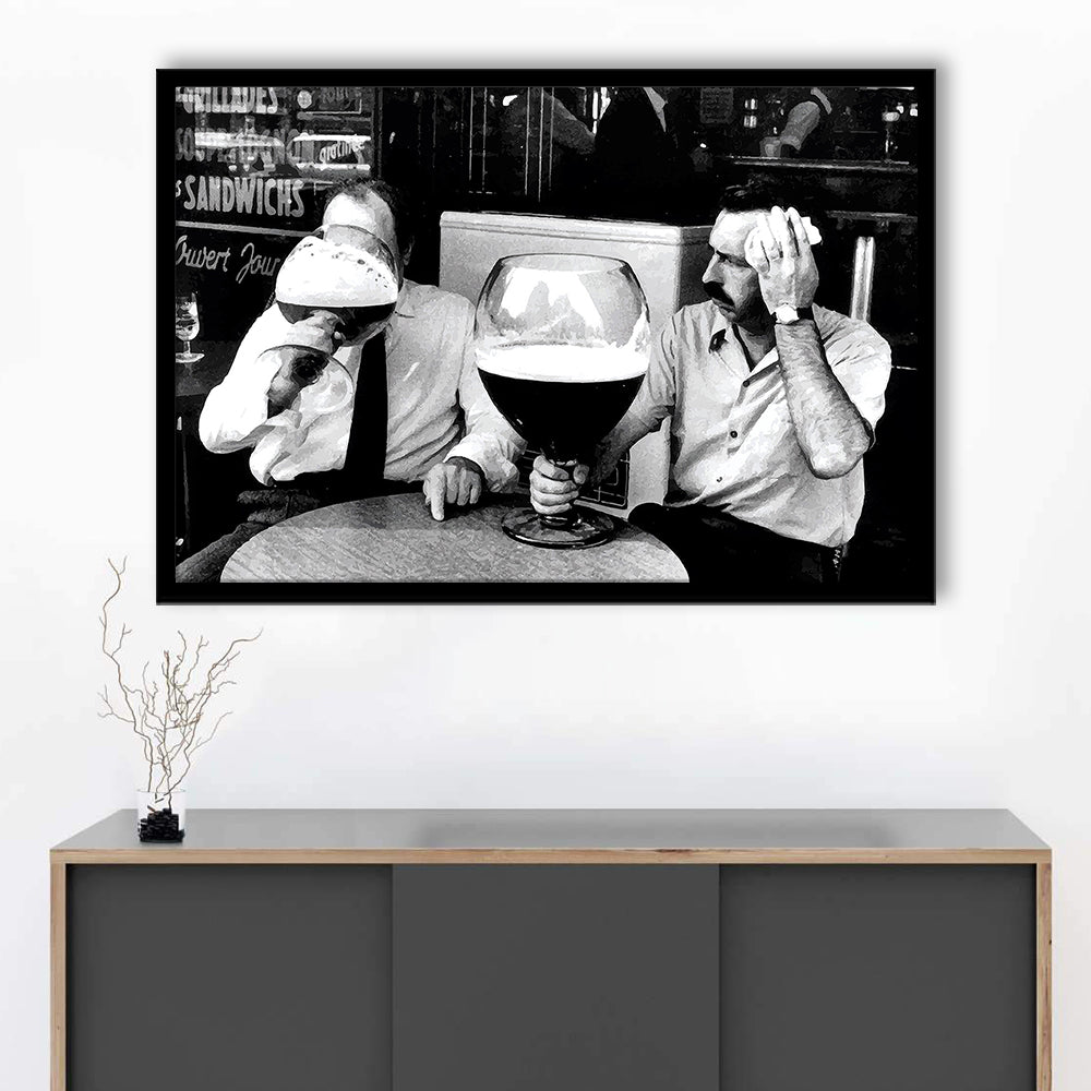 Men Drinking Giant Beer, Black and White, Cocktail Wall Art, Funny Kitchen Print, Framed Art Print Wall Decor