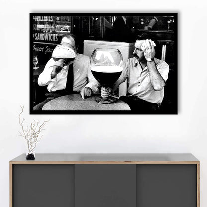 Men Drinking Giant Beer, Black and White, Cocktail Wall Art, Funny Kitchen Print, Framed Art Print Wall Decor