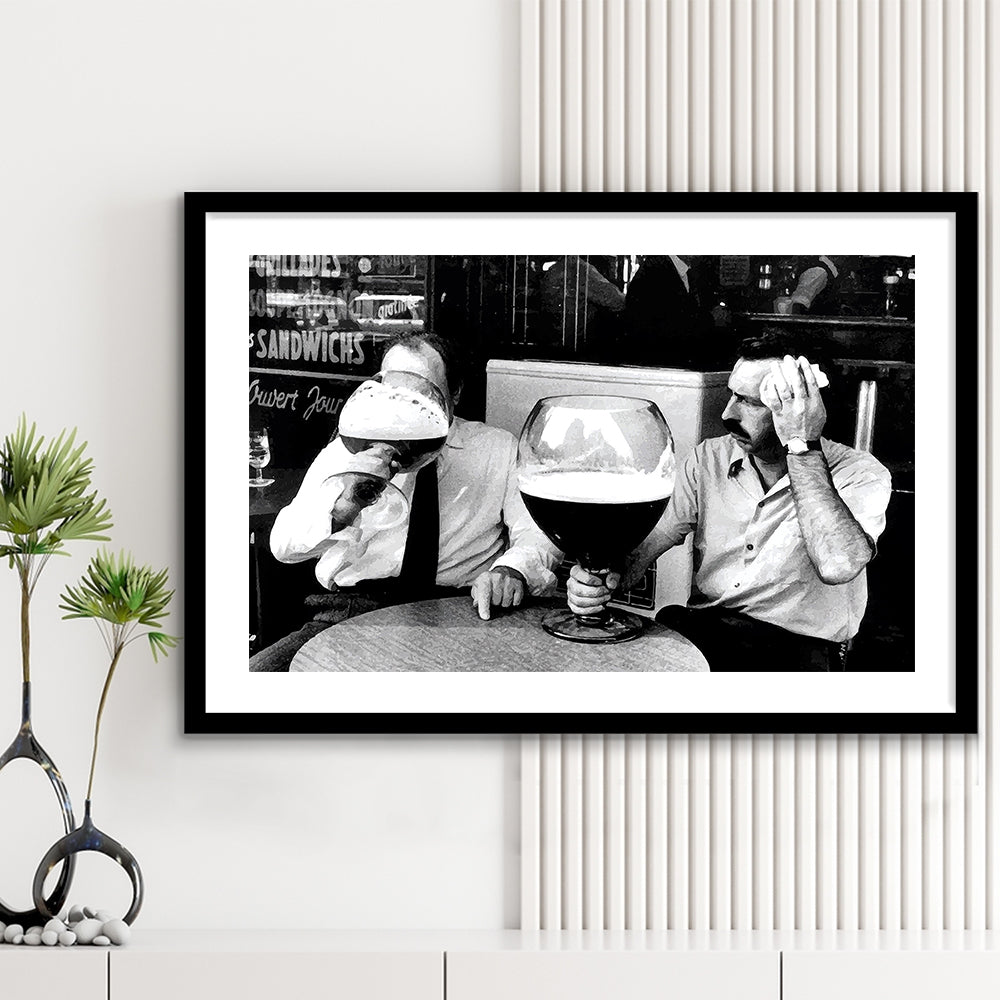 Men Drinking Giant Beer, Black and White, Cocktail Wall Art, Funny Kitchen Print, Framed Art Print White Border Wall Decor