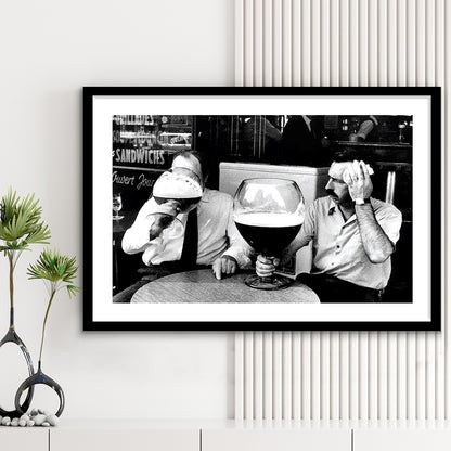 Men Drinking Giant Beer, Black and White, Cocktail Wall Art, Funny Kitchen Print, Framed Art Print White Border Wall Decor