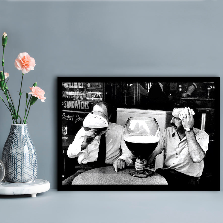 Men Drinking Giant Beer, Black and White, Cocktail Wall Art, Funny Kitchen Print, Framed Art Print Wall Decor