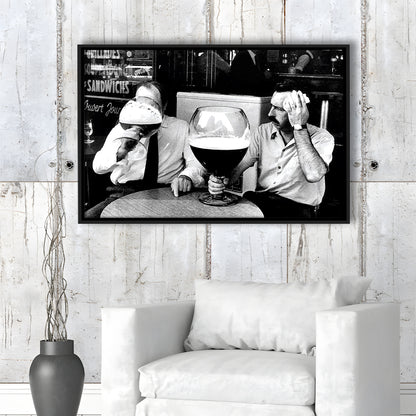 Men Drinking Giant Beer, Black and White, Cocktail Wall Art, Funny Kitchen Print, Floating Framed Canvas Print