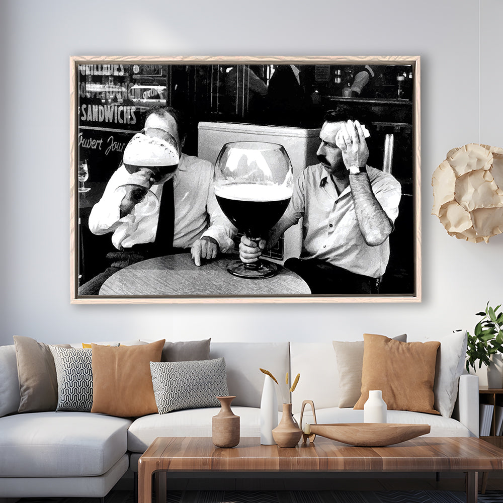 Men Drinking Giant Beer, Black and White, Cocktail Wall Art, Funny Kitchen Print, Floating Framed Canvas Print