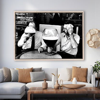 Men Drinking Giant Beer, Black and White, Cocktail Wall Art, Funny Kitchen Print, Floating Framed Canvas Print