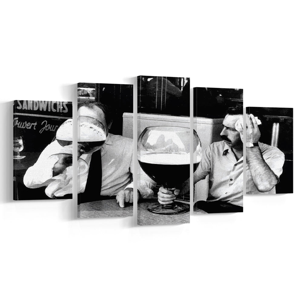 Men Drinking Giant Beer, Black and White, Cocktail Wall Art, Funny Kitchen Print, Mixed 5 Pieces Canvas Print