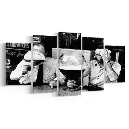 Men Drinking Giant Beer, Black and White, Cocktail Wall Art, Funny Kitchen Print, Mixed 5 Pieces Canvas Print