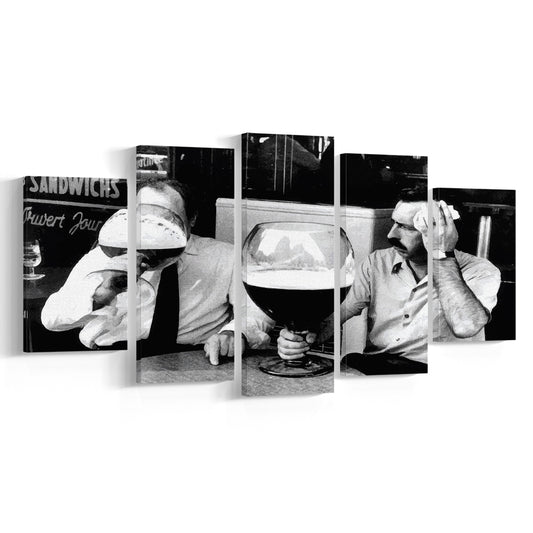 Men Drinking Giant Beer, Black and White, Cocktail Wall Art, Funny Kitchen Print, Mixed 5 Pieces Canvas Print