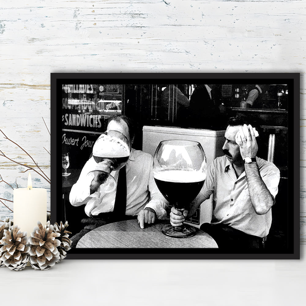 Men Drinking Giant Beer, Black and White, Cocktail Wall Art, Funny Kitchen Print, Floating Framed Canvas Print
