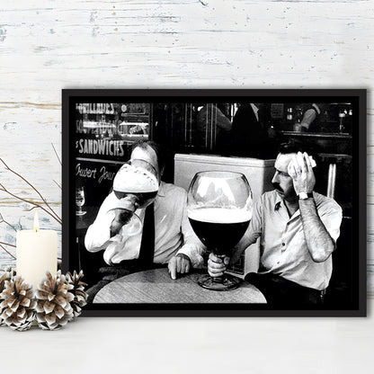 Men Drinking Giant Beer, Black and White, Cocktail Wall Art, Funny Kitchen Print, Floating Framed Canvas Print