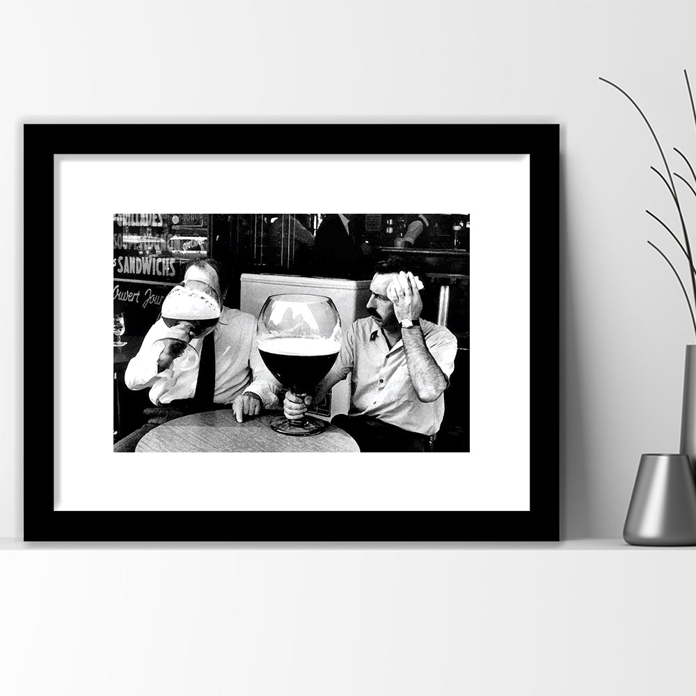 Men Drinking Giant Beer, Black and White, Cocktail Wall Art, Funny Kitchen Print, Framed Art Print White Border Wall Decor