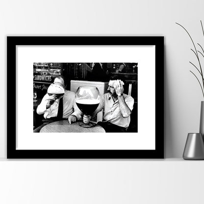 Men Drinking Giant Beer, Black and White, Cocktail Wall Art, Funny Kitchen Print, Framed Art Print White Border Wall Decor
