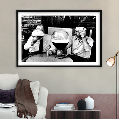 Men Drinking Giant Beer, Black and White, Cocktail Wall Art, Funny Kitchen Print, Framed Art Print White Border Wall Decor