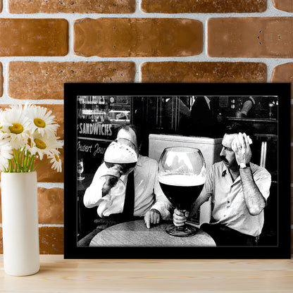 Men Drinking Giant Beer, Black and White, Cocktail Wall Art, Funny Kitchen Print, Framed Art Print Wall Decor