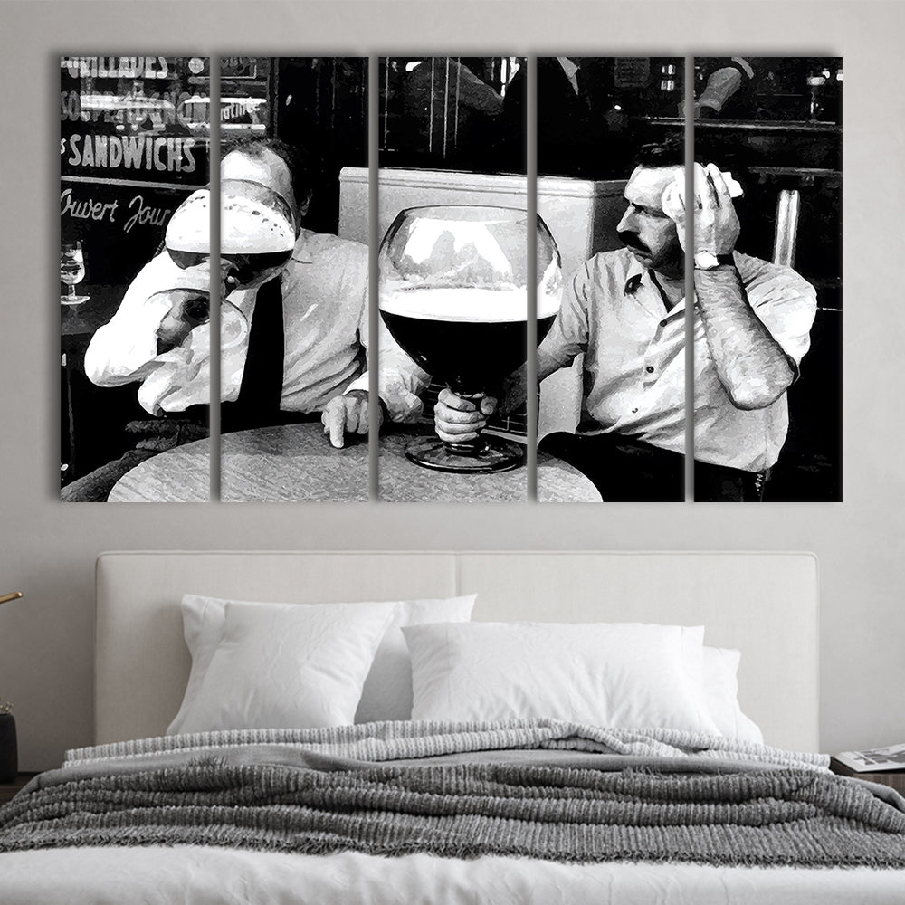 Men Drinking Giant Beer, Black and White, Cocktail Wall Art, Funny Kitchen Print, 5 Pieces Large Canvas Print