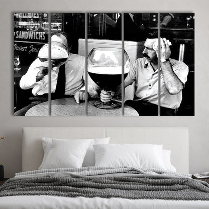 Men Drinking Giant Beer, Black and White, Cocktail Wall Art, Funny Kitchen Print, 5 Pieces Large Canvas Print