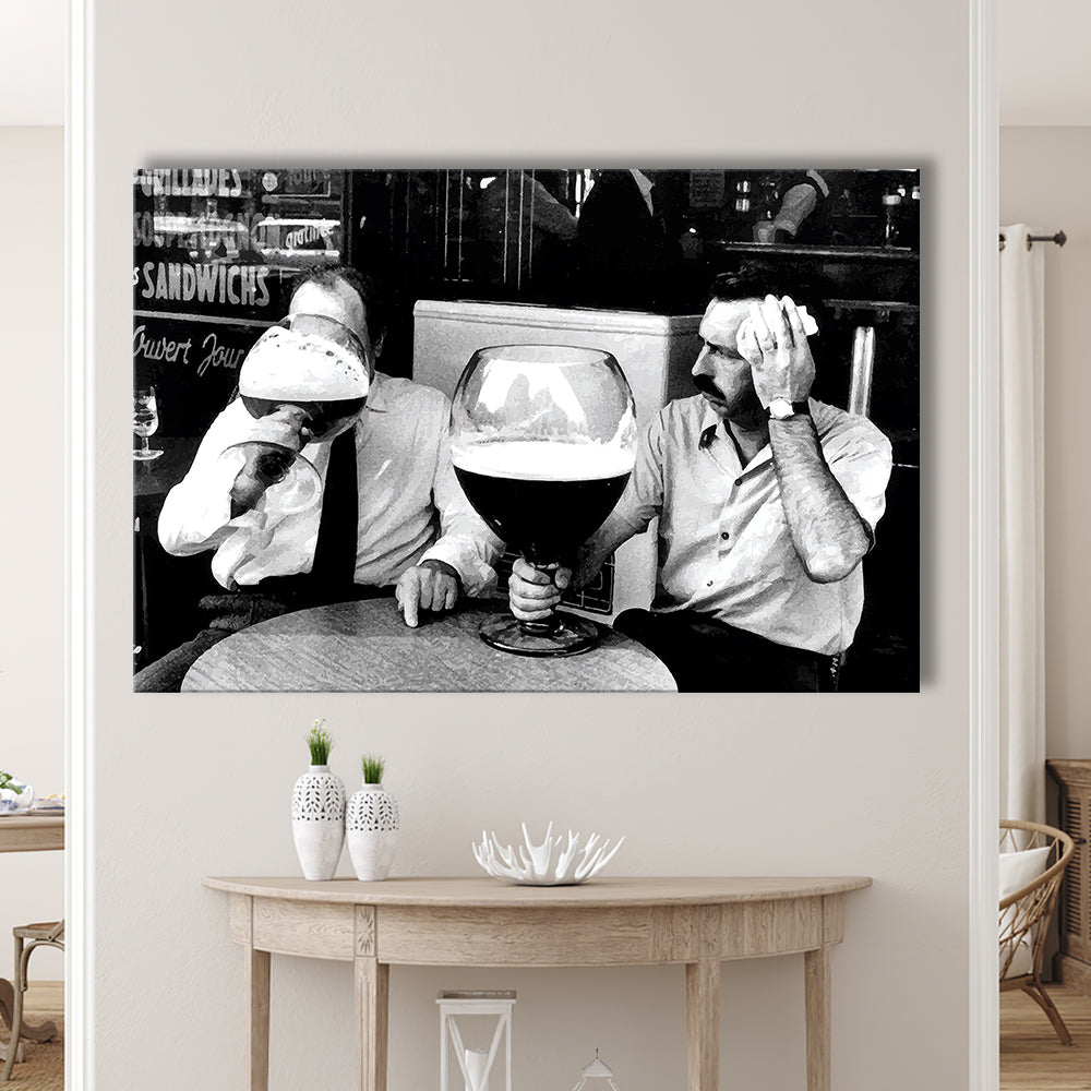 Men Drinking Giant Beer, Black and White, Cocktail Wall Art, Funny Kitchen Print, Canvas Print Wall Art Decor