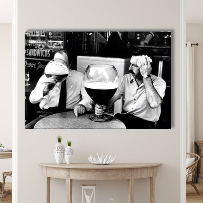 Men Drinking Giant Beer, Black and White, Cocktail Wall Art, Funny Kitchen Print, Canvas Print Wall Art Decor
