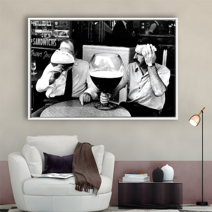 Men Drinking Giant Beer, Black and White, Cocktail Wall Art, Funny Kitchen Print, Floating Framed Canvas Print